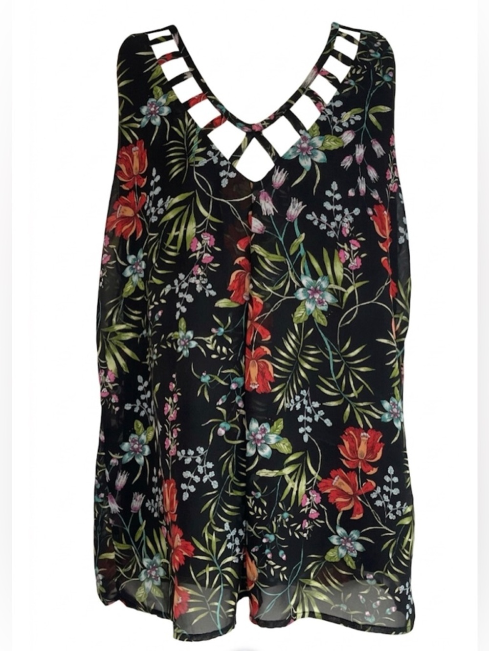 Faith & Joy Black Floral Strappy Tank Top Small